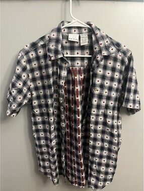 VINTAGE Bobbie Brooks Large Plaid Short Sleeve Button Up Heart Pattern Shirt